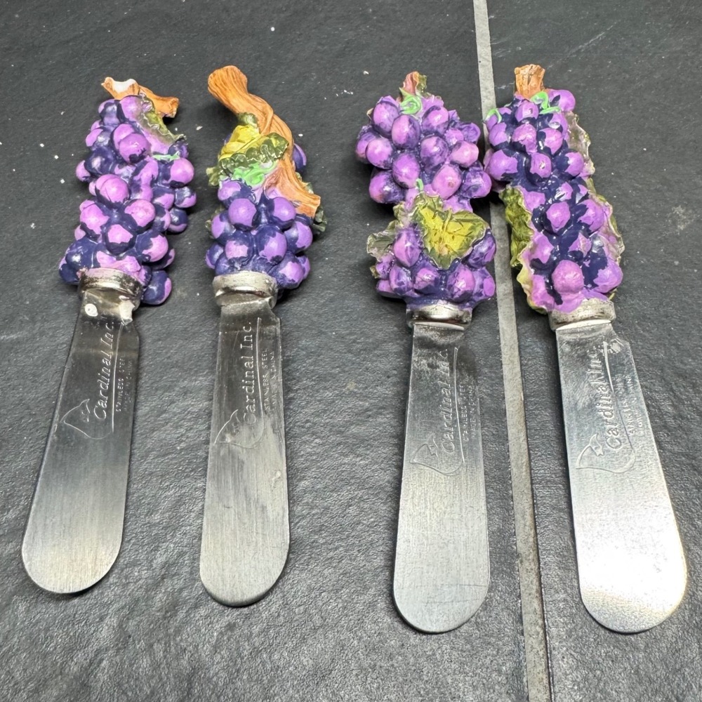 Cardinal Inc Grape Cheese Spreaders Stainless Steel Purple Fruit Resin Set of 4